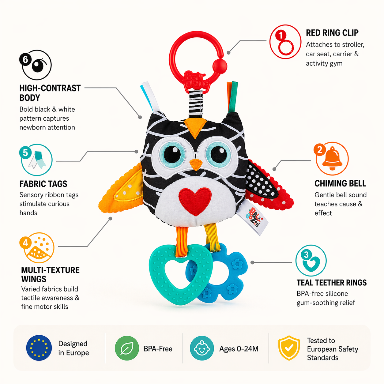 Balibazoo Owl Hanging Baby Toy – Soft Plush Sensory Pendant