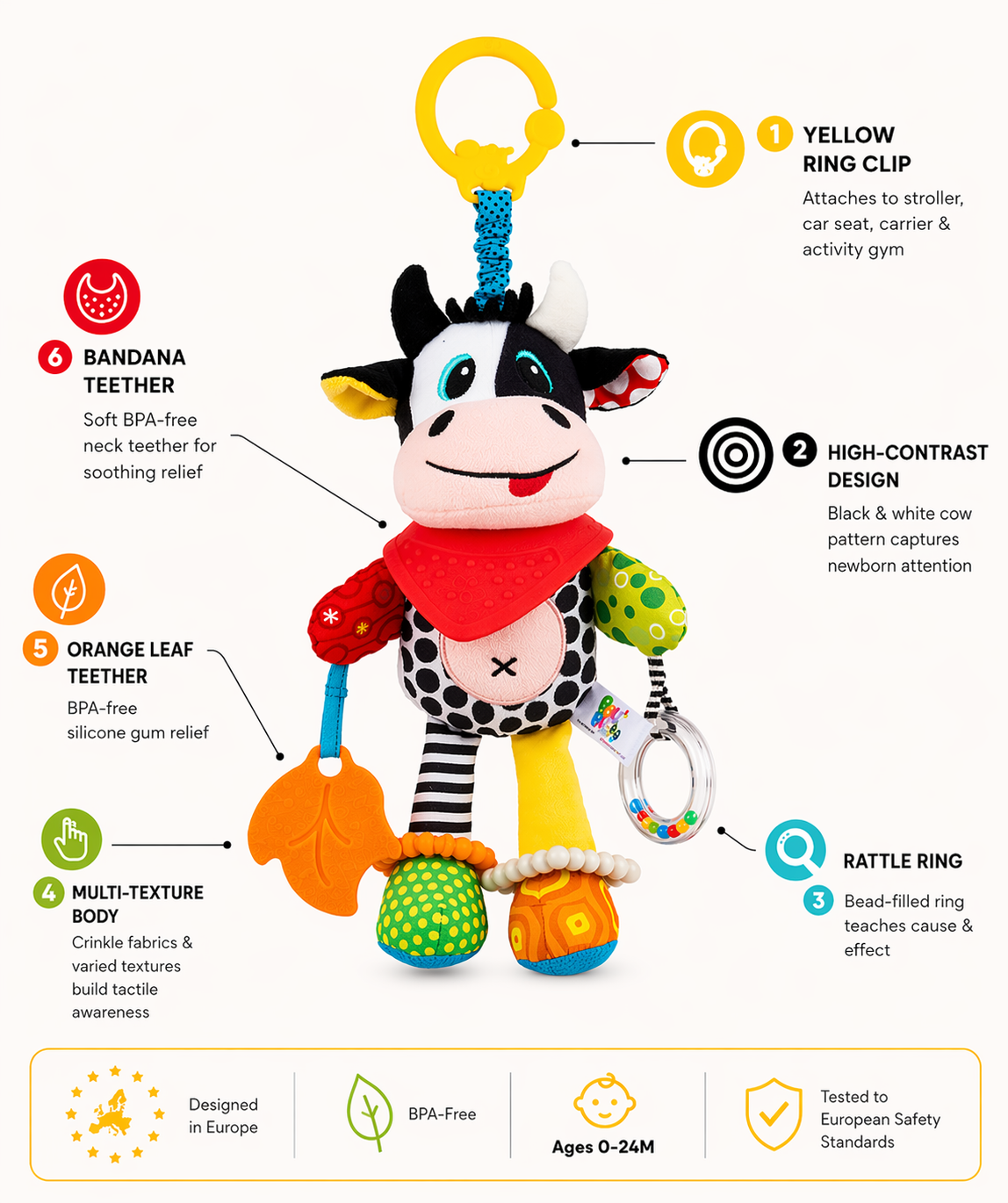 Balibazoo Clara The Cow Plush Baby Toy – Soft Sensory Toy